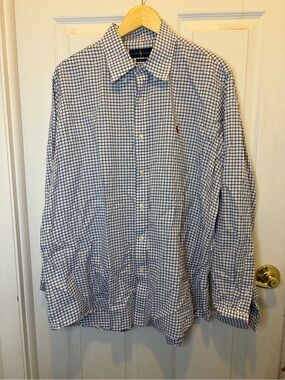 Ralph Lauren Men's Blue Check Classic Fit Dress Shirt with Maroon Pony